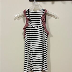 Promesa Black and White Striped Tank with Pink Ruffles